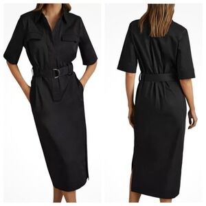 REISS Black Utility Shirt Dress Belted Midi Short Sleeve Button Front Women 6